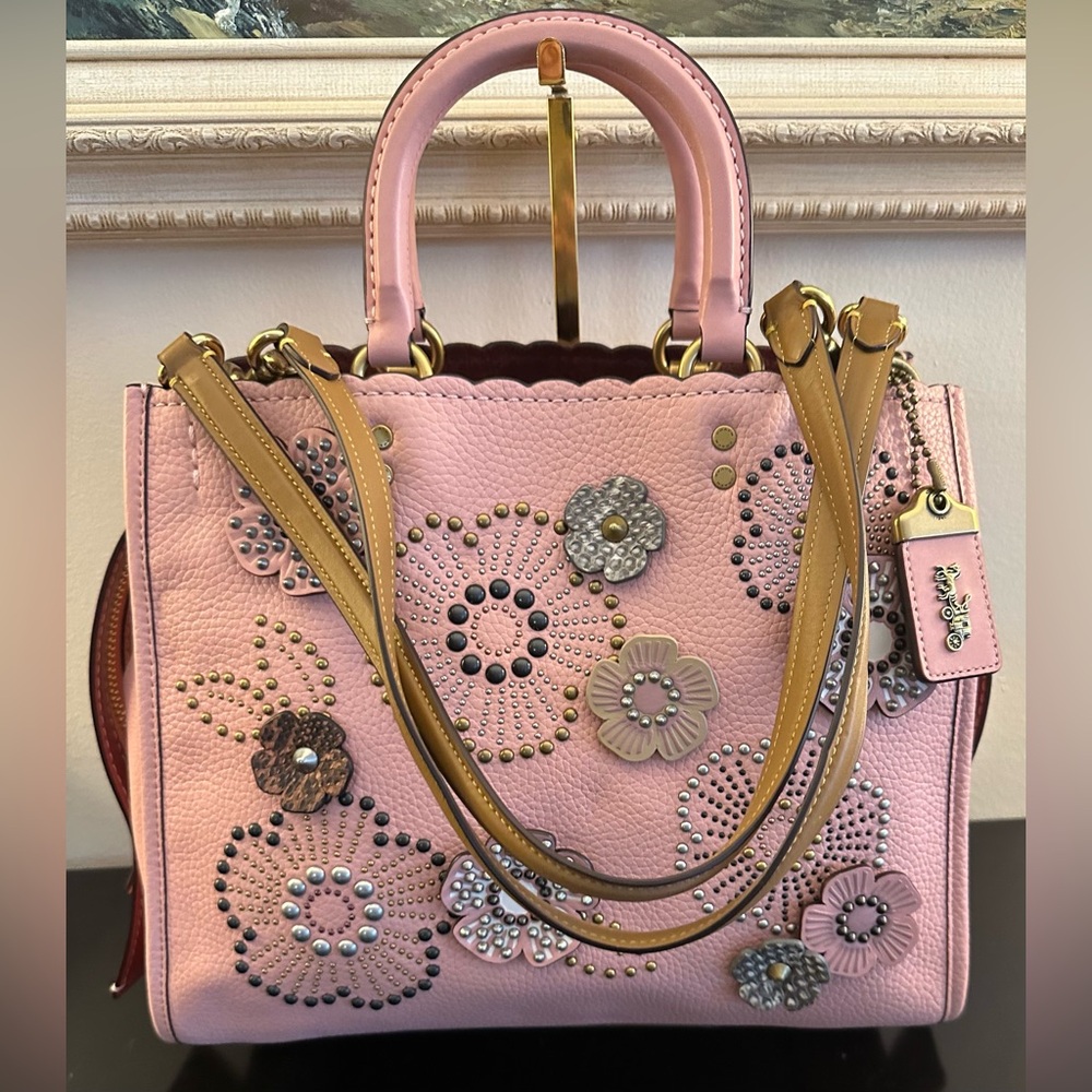 Coach Rogue Tea Rose Shoulder Bag Snake Two Way Handle  Leather Tote EUC - Picture 4 of 16